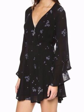 Free People Black Mini Dress with Subtle Gray Floral Print